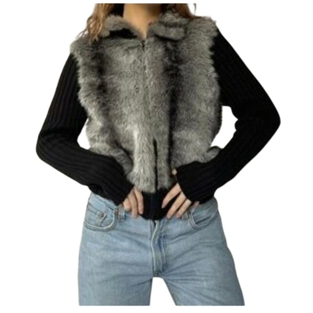 Bebe black and gray rabbit fur long sleeve zip up jacket size medium